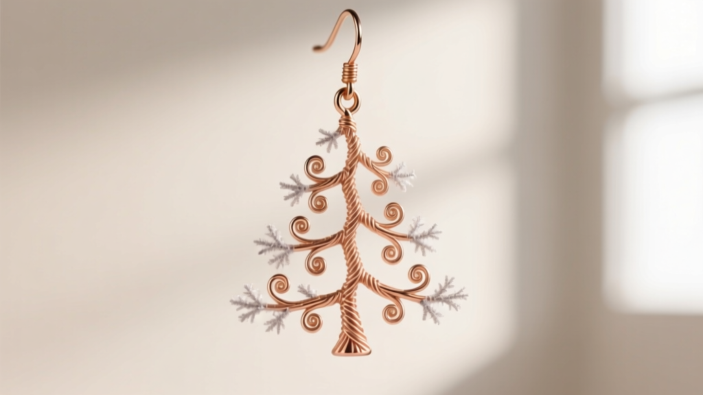Macro shot of an 18-gauge 14k rose gold filigree Christmas tree drop earring, highlighting intricate soldered branch details.