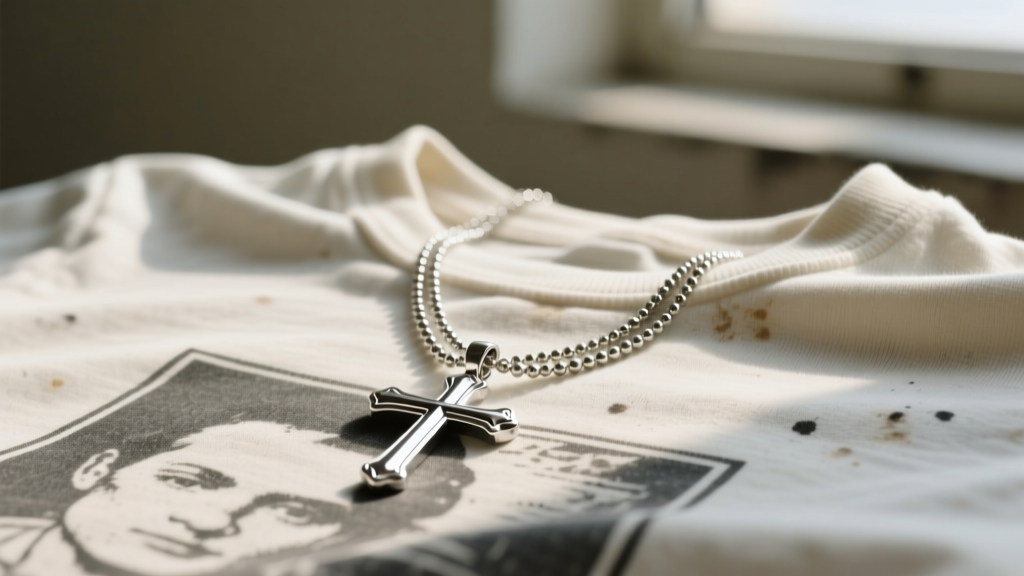 Silver cross pendant layered with a beaded chain, resting on a faded vintage graphic tee in soft natural window light