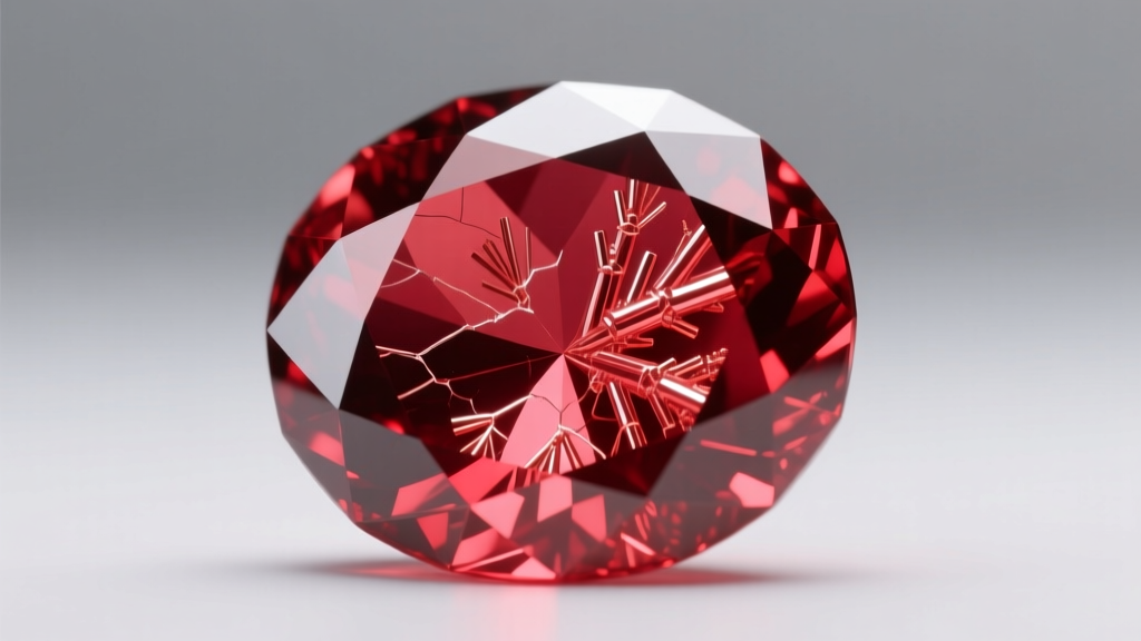 Extreme macro photograph of a natural ruby showing fine rutile silk inclusions and a vivid red hue under bright gemological lighting.