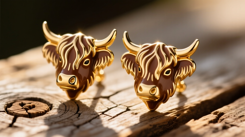 Macro shot of 14k gold vermeil highland cow earrings with brown enamel fur resting on weathered wood under warm light.