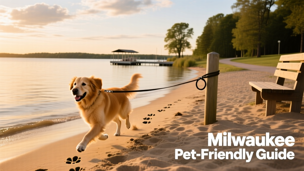 A dog running along the shoreline at a quiet, dog-friendly lake beach