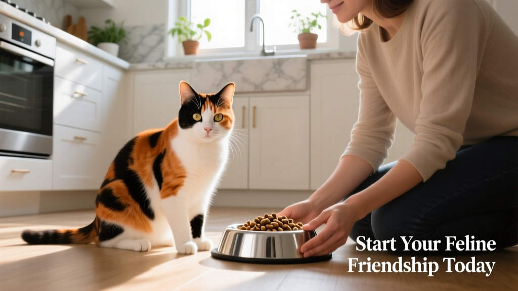 a calico cat looking directly at the camera while standing in a kitchen next to a kneeling person holding a silver food bowl