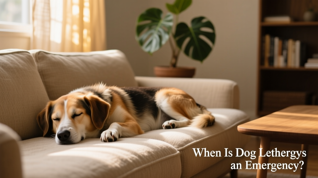 A dog resting quietly on the couch, head resting on paws, with a subdued, uncharacteristically still posture