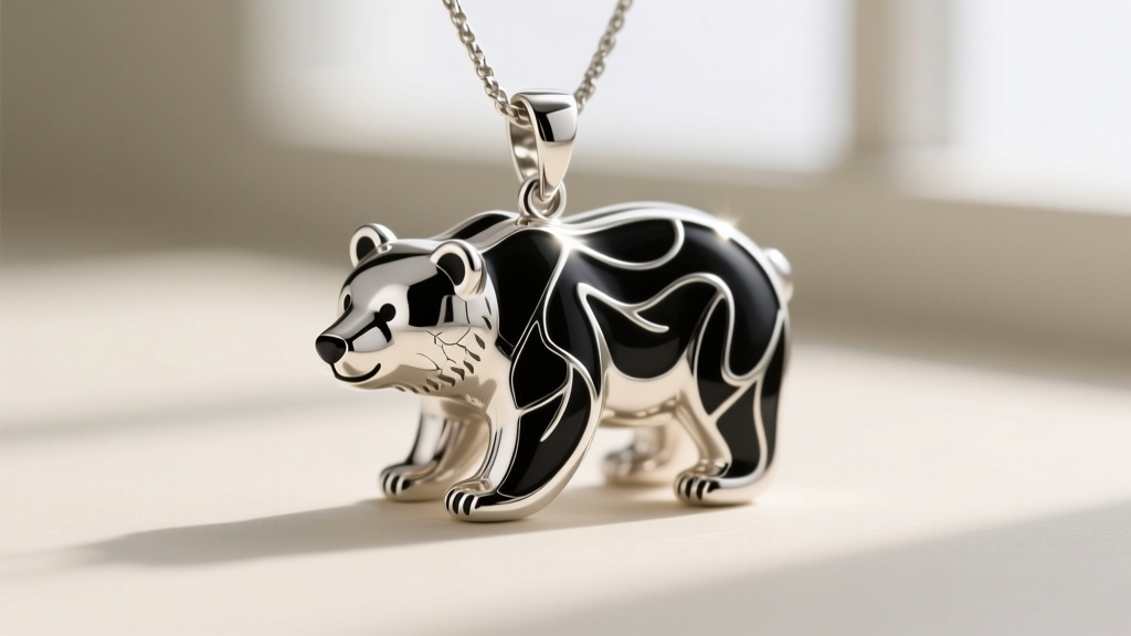Macro shot of a sterling silver bear pendant with black vitreous enamel details, showing the glossy finish and crisp metal border.