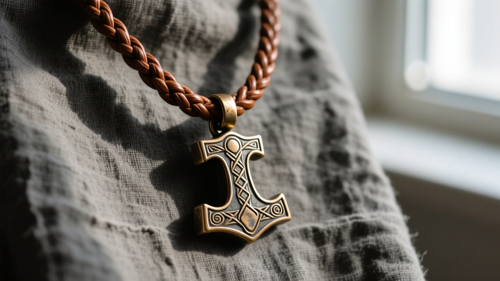 Braided brown leather cord holding a solid bronze Mjolnir pendant, resting on faded charcoal linen fabric in soft natural daylight.