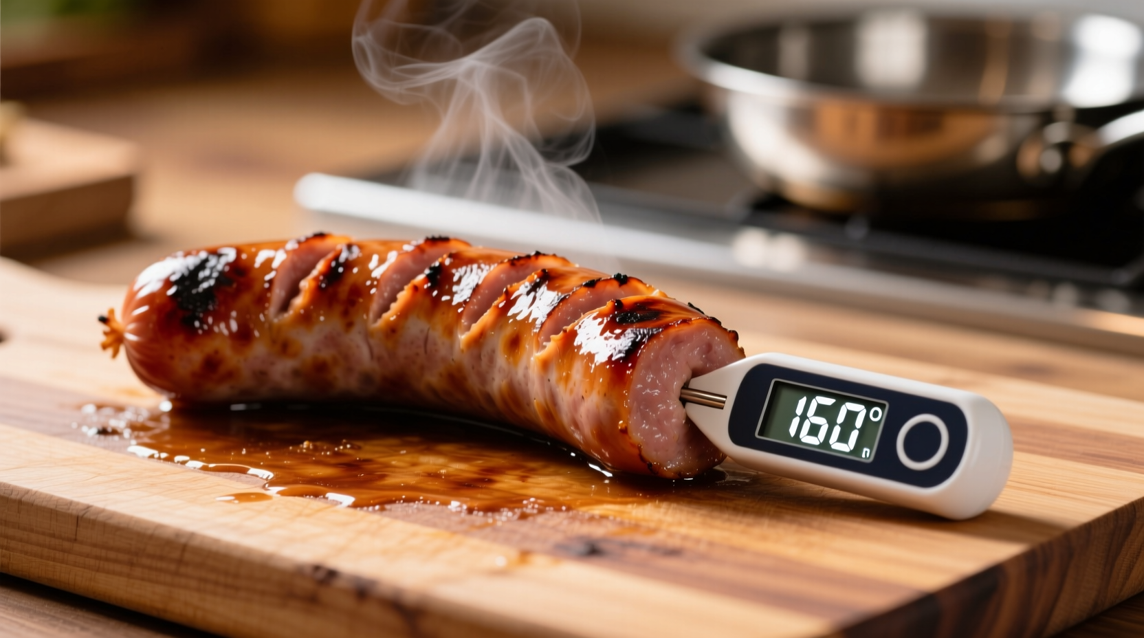 Thermometer showing 160 degrees in cooked bratwurst