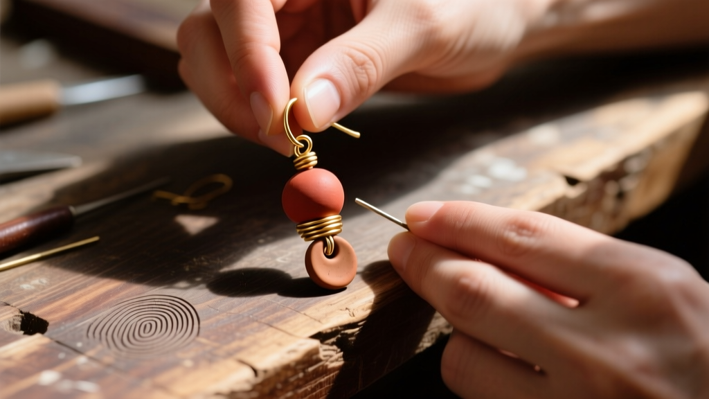 Artisan hands assembling a boho polymer clay earring, showing brass wire wrapping and terracotta beads on a wooden workbench.