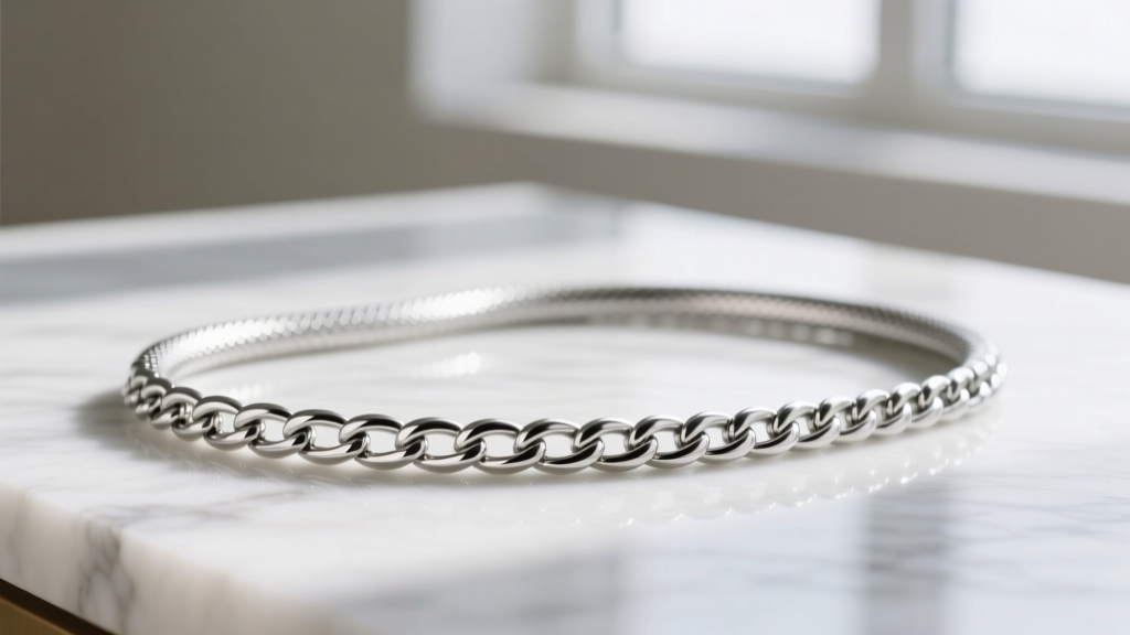 Sleek 2mm rhodium-plated silver snake chain catching light, highlighting its smooth and continuous metallic surface texture.