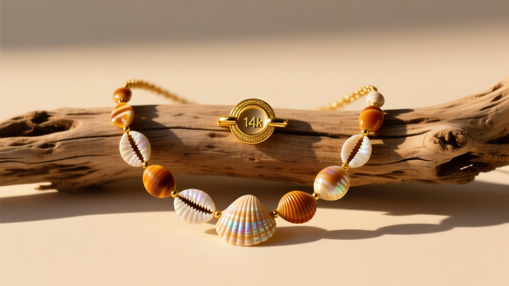 Flatlay of a vintage puka shell necklace on sun-bleached driftwood beside a 14k gold clasp under warm golden hour lighting