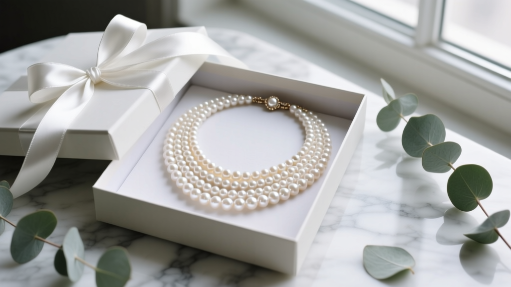 Open gift box displaying a layered pearl sternum body chain, surrounded by eucalyptus leaves and a white satin ribbon on marble.
