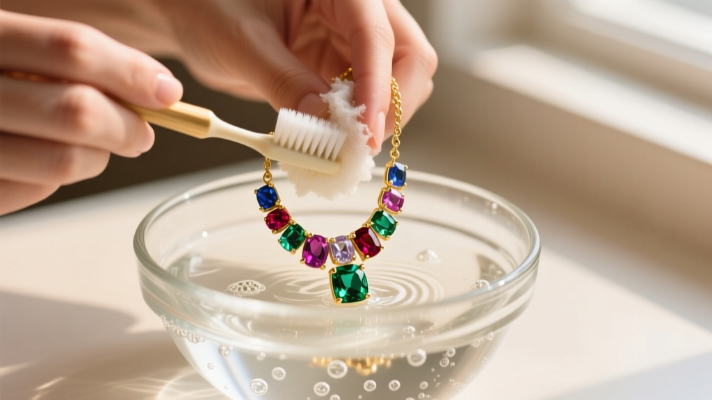 Hands gently scrubbing a 14k gold multi gemstone necklace with a soft toothbrush in a small glass bowl of lukewarm soapy water.
