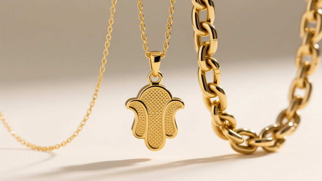 Macro photography comparing a thin 0.8mm gold chain with a thick 2.0mm rolo chain, showing the jump ring on a heavy hamsa pendant