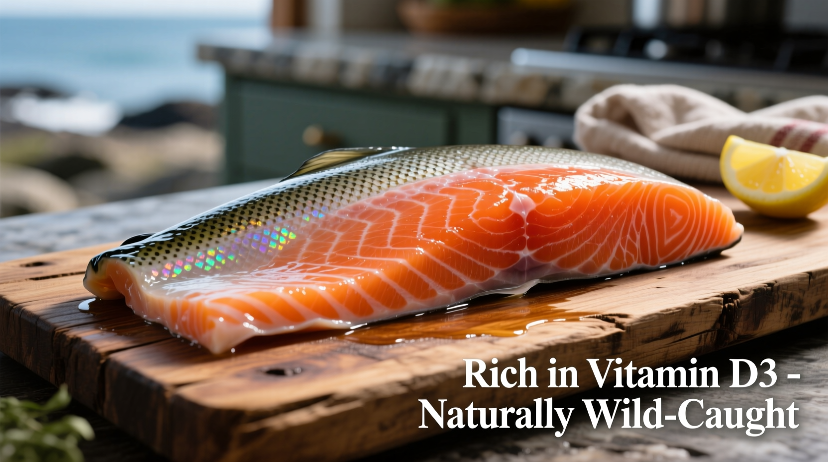 Wild-caught salmon fillet rich in vitamin D3 on wooden board