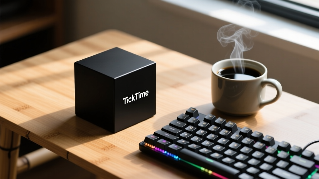 Close-up of a matte black TickTime Cube resting on a bamboo desk next to a mechanical keyboard and a steaming mug of black coffee.