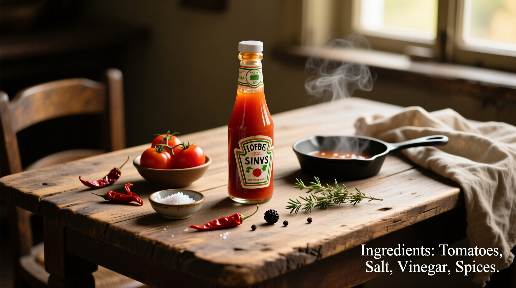 Tomato ketchup ingredients on wooden table