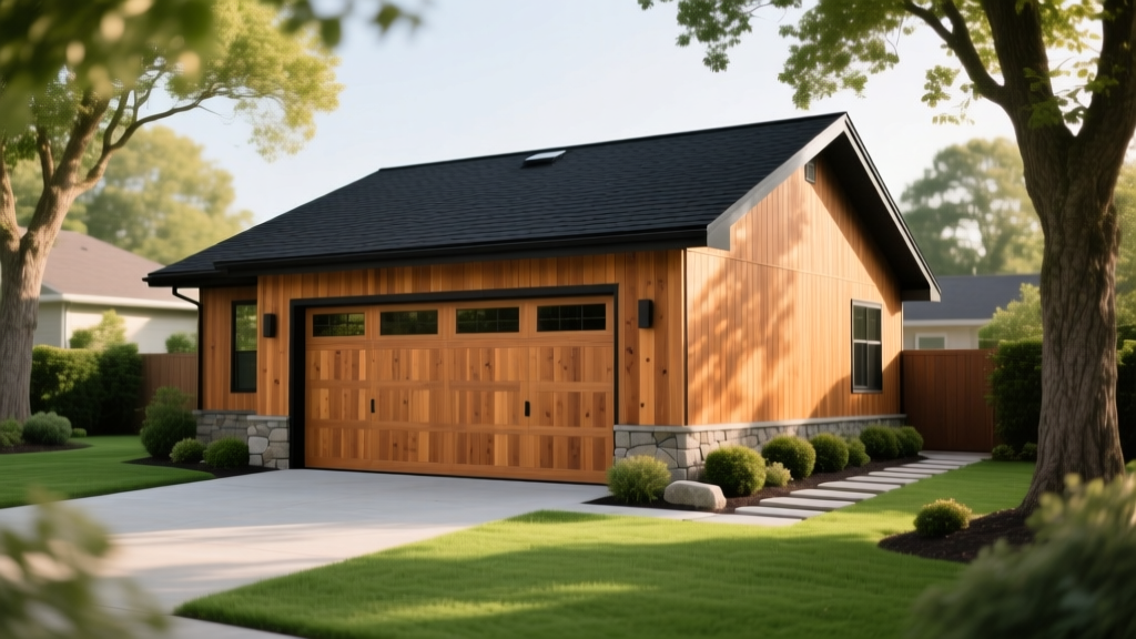 Newly constructed detached two-car garage with cedar siding and black asphalt shingle roof set against a lush green suburban backyard
