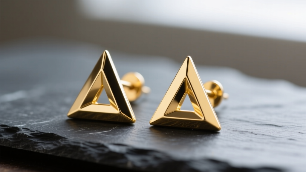 Macro photography of 14k yellow gold triangle earrings resting on dark slate, highlighting sharp geometric vertices and polished finish
