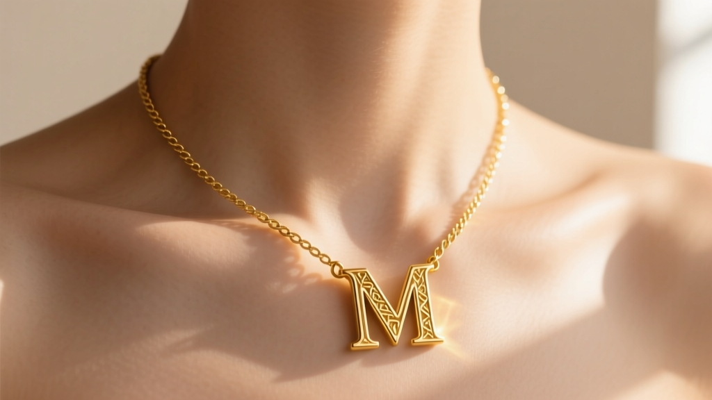 Gold Old English initial necklace with letter M on an 18-inch cable chain resting gracefully on a bare collarbone in warm sunlight