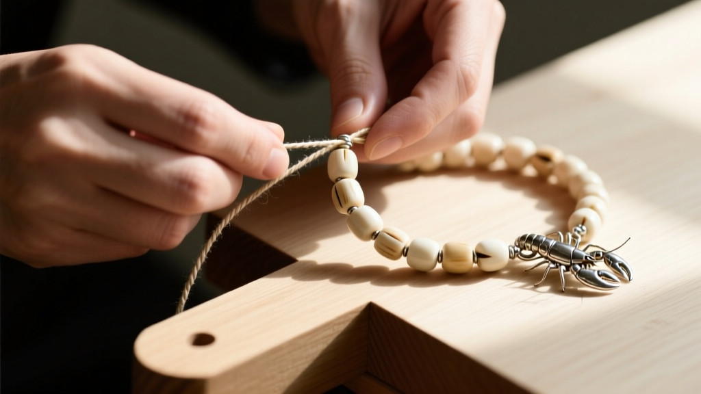 Hands restringing vintage bone beads using waxed cotton cord and a silver lobster clasp on a clean wooden jeweler