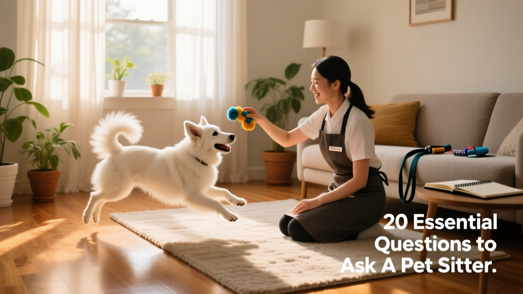 Pet sitter and owner playing gently with a white dog in a sunlit living room