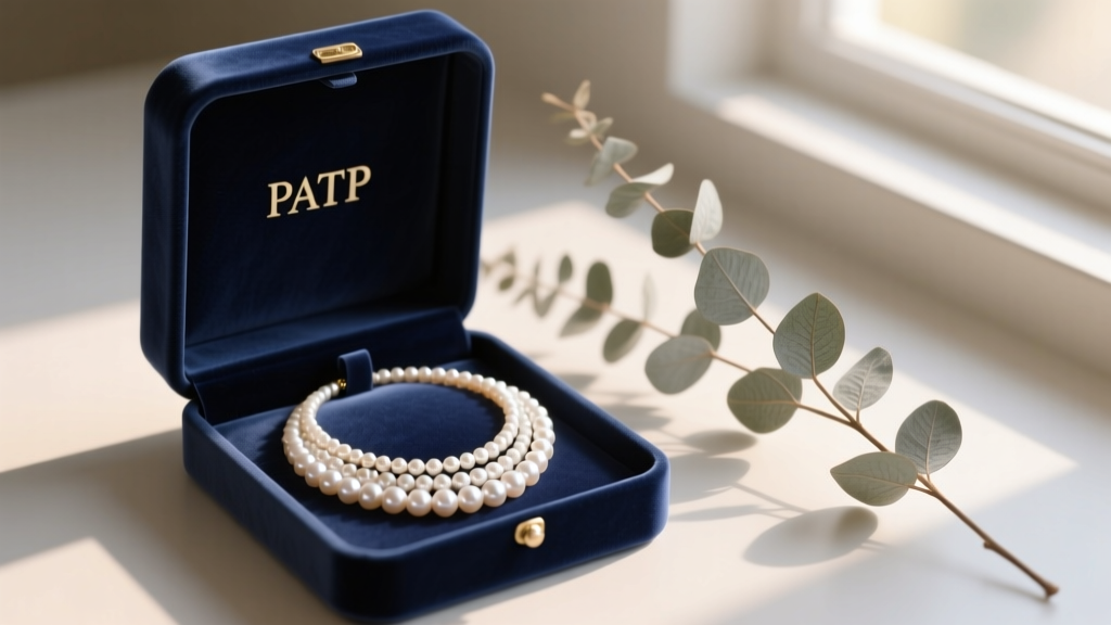 A layered PATP seed pearl necklace inside an open velvet gift box, resting beside dried eucalyptus in soft, natural window light.