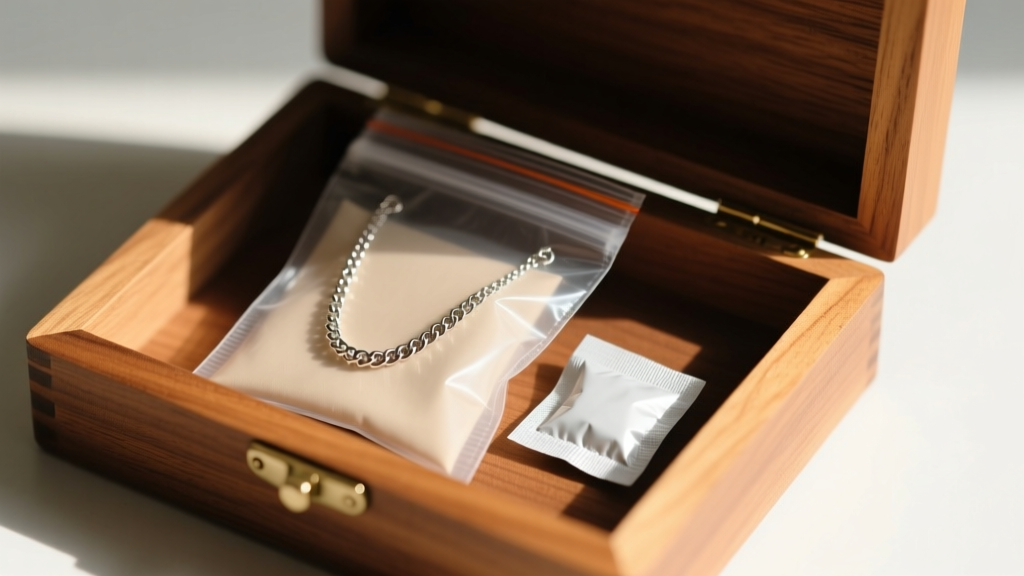 An anti-tarnish ziplock bag containing a delicate chain necklace and a silica gel packet, placed inside a wooden jewelry box.