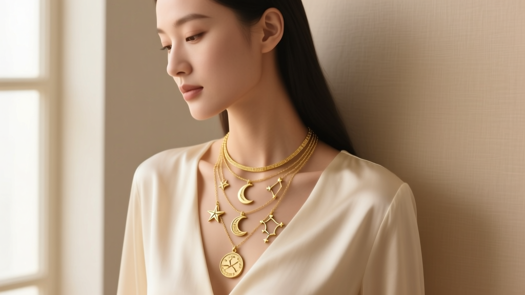 Elegant woman wearing a layered 14k gold multi pendant necklace with celestial charms, softly lit against a cream silk blouse.