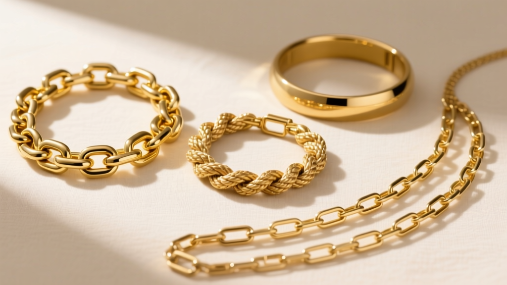 Flat lay of three chunky gold choker necklaces: a wide Cuban link, a textured rope chain, and an elongated paperclip link chain