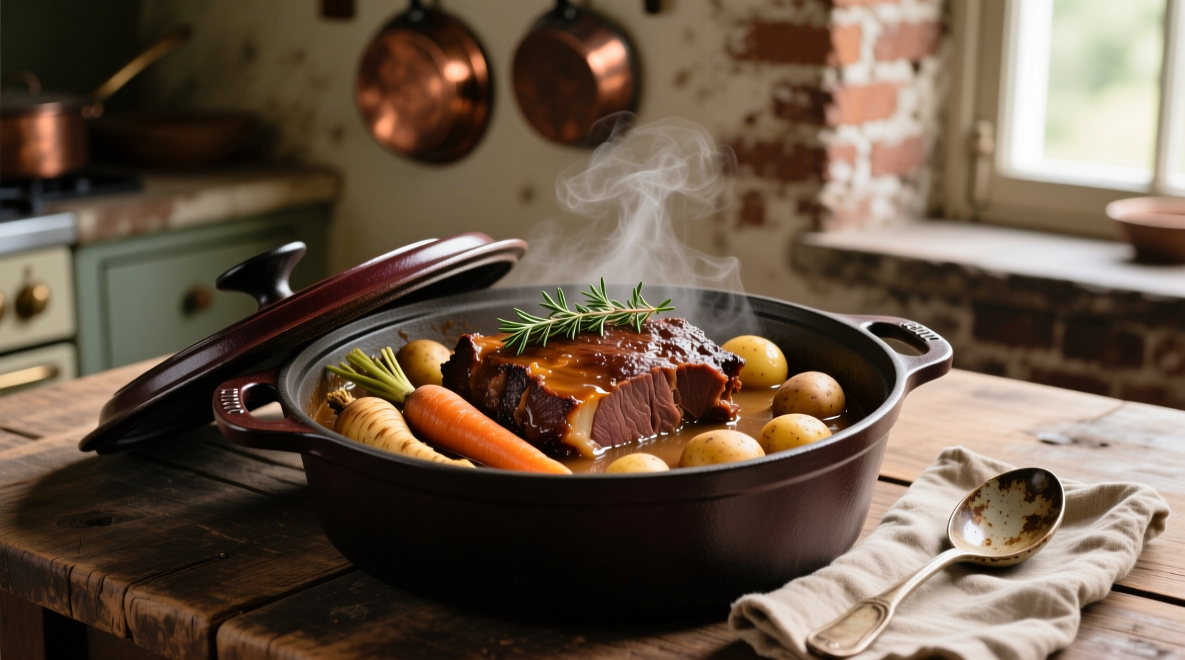 fork-tender pot roast with vegetables in Dutch oven