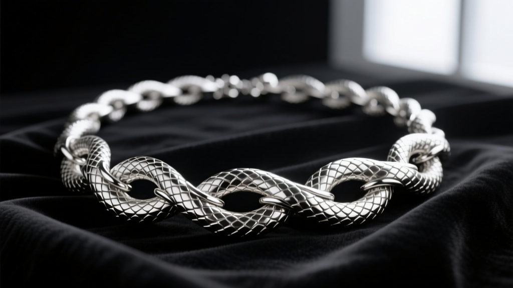 Sterling silver articulating snake necklace on black velvet, showing overlapping metal scales and flexible joints.