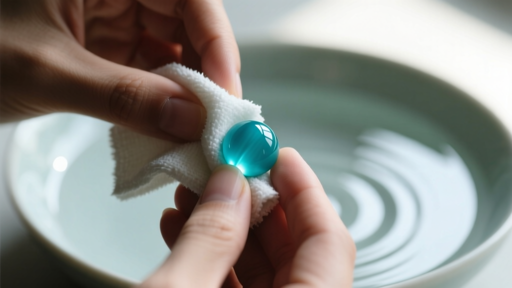 Hands using a damp microfiber cloth to polish a turquoise bead, with a bowl of water visible in the softly blurred backdrop