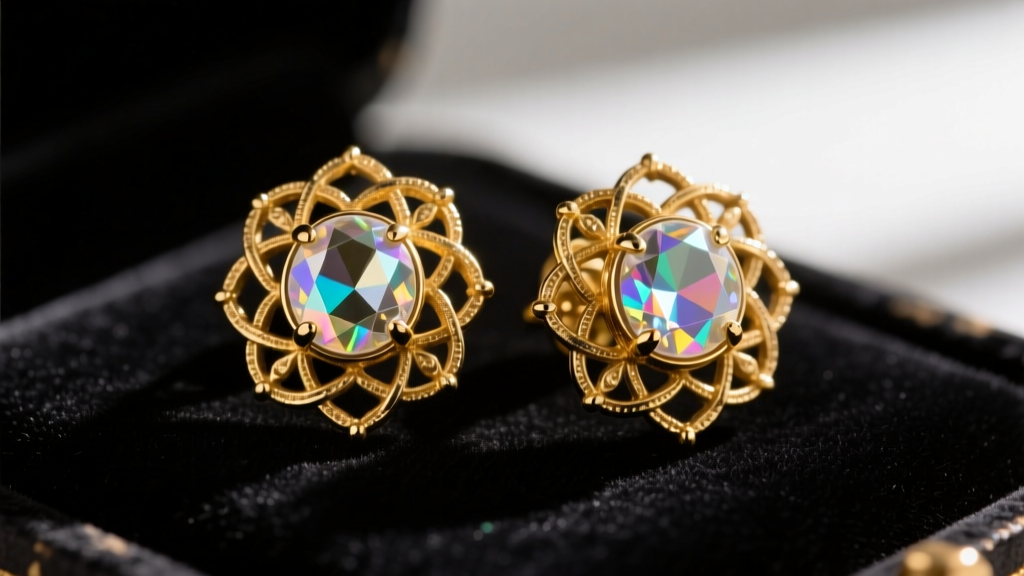 Macro shot of vintage 1950s Goldette earrings with gold-tone filigree and round aurora borealis rhinestones resting on dark velvet.