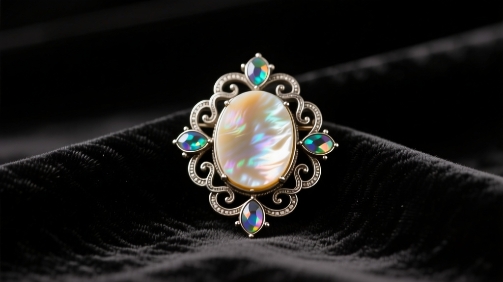 Antique mother of pearl jewelry brooch set in tarnished silver resting on dark velvet fabric under soft warm studio lighting setup