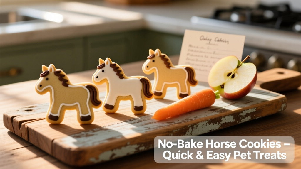 Close-up of three no-bake horse cookies on a rustic wooden board beside a carrot and apple slice