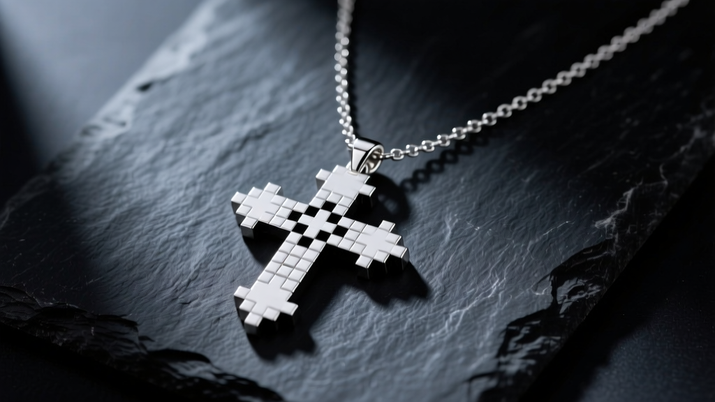 Flat-lay of a 925 sterling silver Terraria-inspired pixel cross necklace on dark slate, illuminated by moody directional lighting.