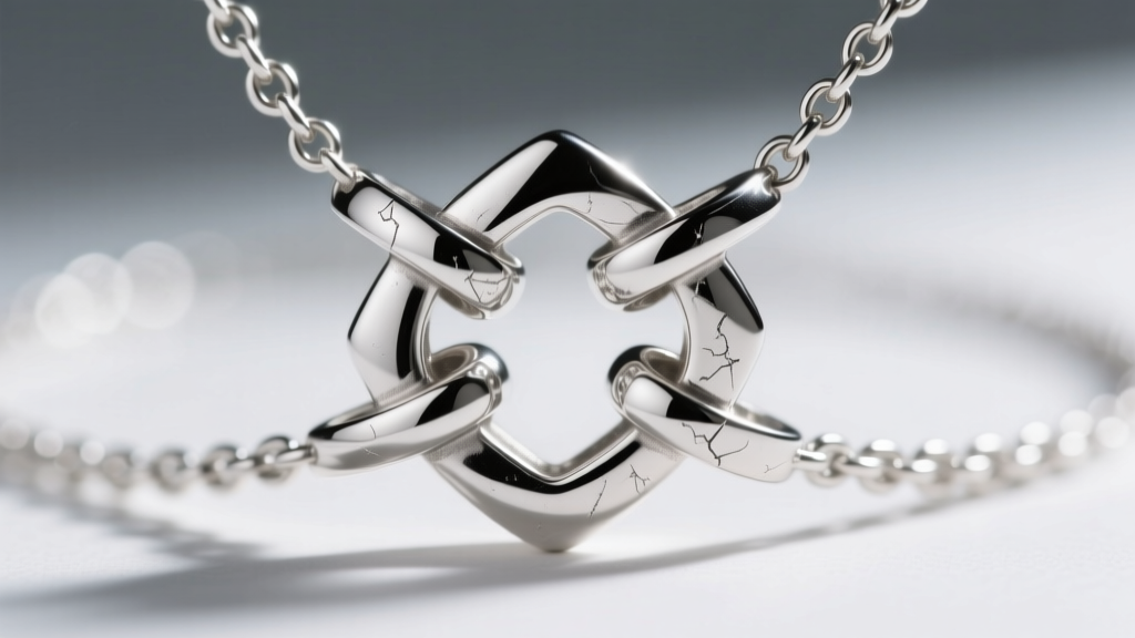Macro shot of a 925 sterling silver four-way friendship necklace interlocking joint, showing minor friction wear on the metal puzzle edges.