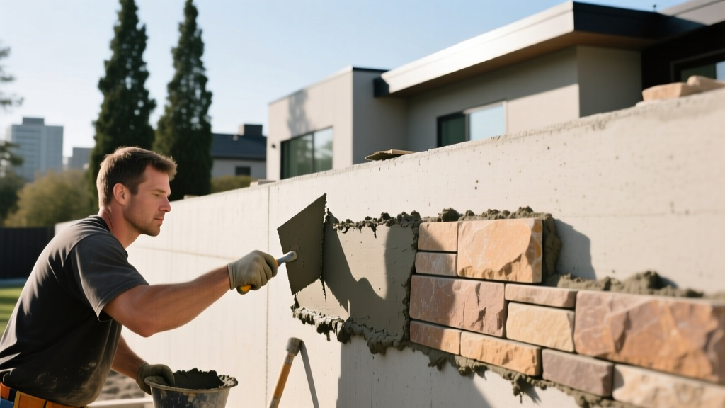 Mason troweling mortar to install ledgerock manufactured stone veneer on a poured concrete residential foundation wall exterior.