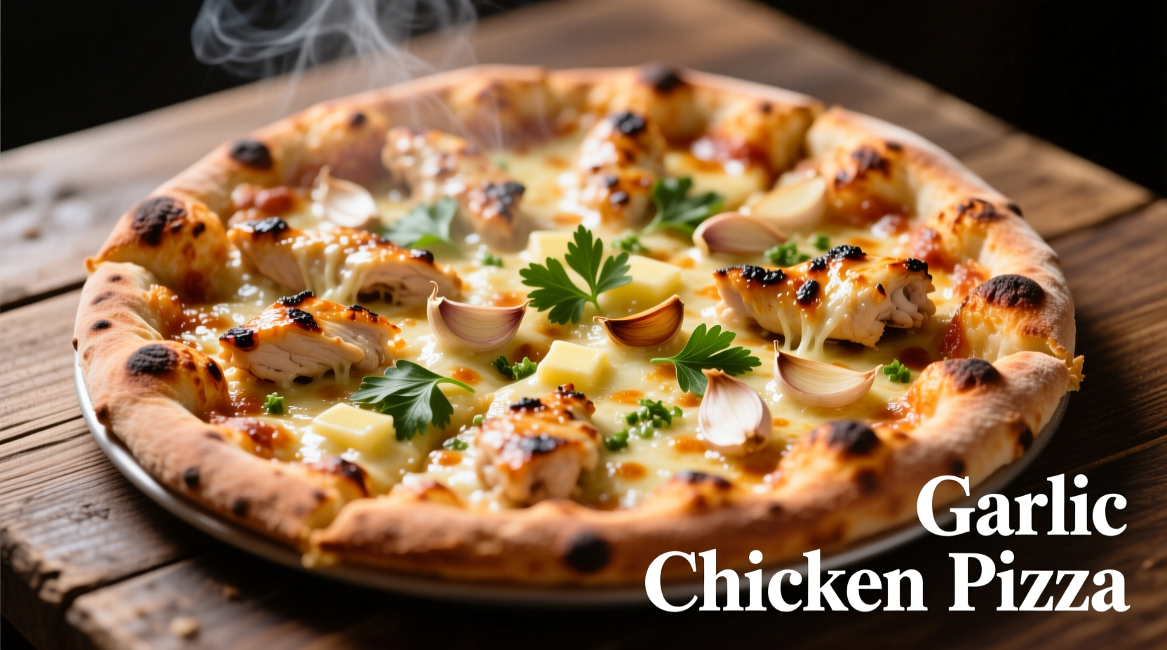 Freshly baked garlic chicken pizza with golden crust