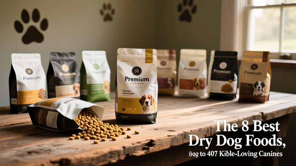 A variety of high-quality dry dog food bags arranged neatly on a wooden surface, with kibble spilling slightly from one open bag