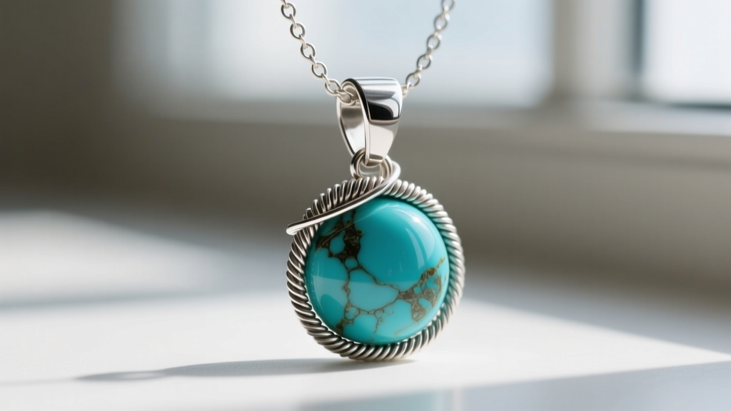 Close-up of a sterling silver clasp and wire wrap on a heavy turquoise bead necklace, highlighting secure stringing methods.