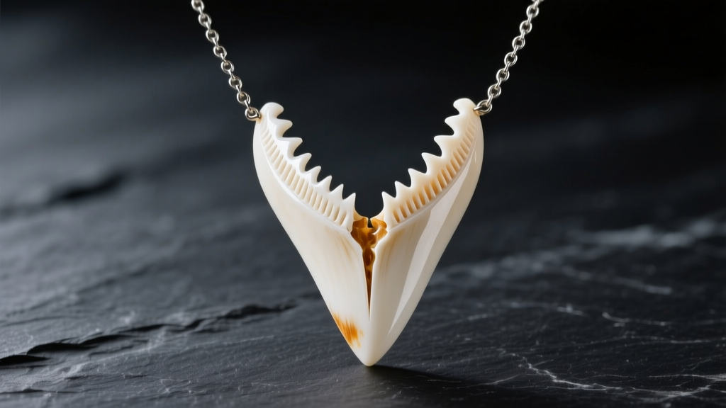 Polished Great White real shark tooth necklace on dark slate, highlighting serrated edges and V-shaped root under soft light.