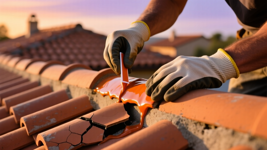 Close-up of a roofing contractor gloved hands applying polyurethane sealant to a cracked clay barrel tile on a terracotta roof at sunset