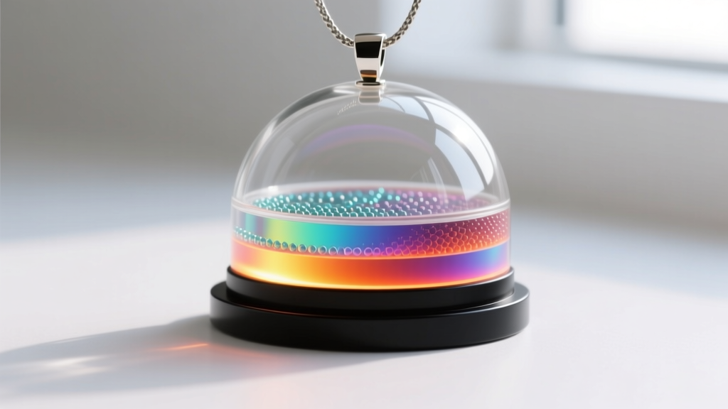 Cross-section diagram of a mood pendant showing the glass dome, microencapsulated thermochromic resin, and black thermal base layer