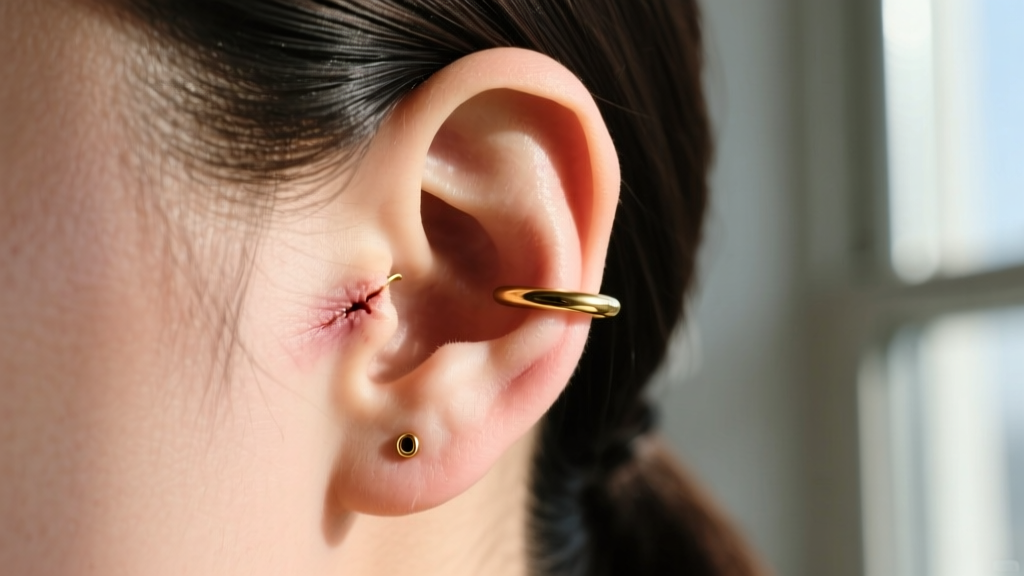 Side profile of a healed 16-gauge helix cartilage piercing wearing a seamless gold hoop, showing healthy skin near the fistula