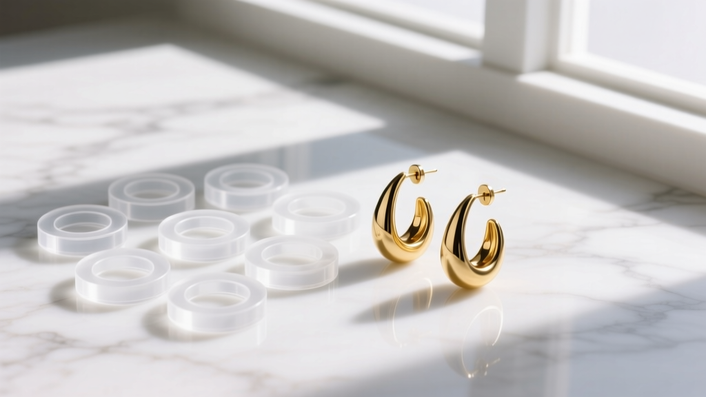 Flat lay of clear silicone earring support discs next to a pair of polished gold teardrop hoop earrings on white marble surface.