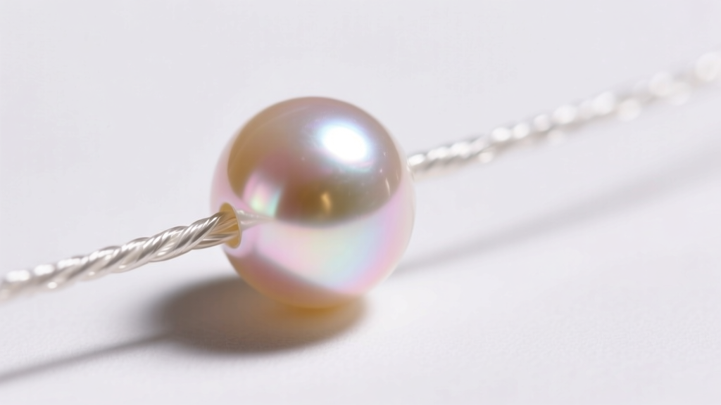 Macro shot of a 5mm near-round freshwater pearl showing high luster and clean surface, strung on clear nylon-coated jewelry wire.