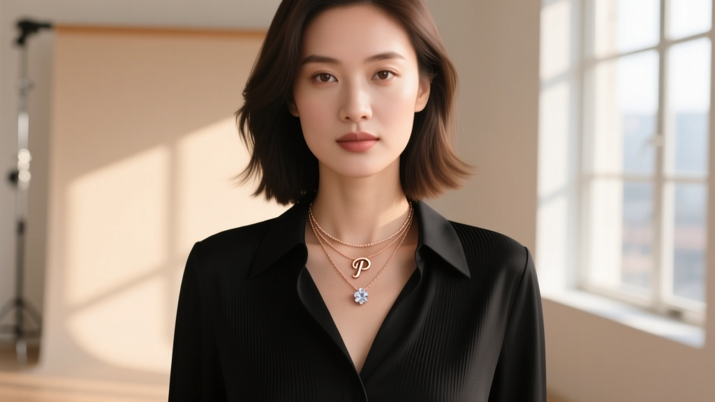 Woman wearing a layered stack featuring a small script P initial necklace in rose gold with a delicate diamond solitaire pendant.