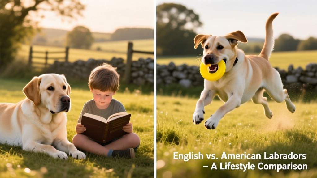 An English Lab resting calmly beside a child reading, contrasted with an American Lab mid-action retrieving a bumper in a field