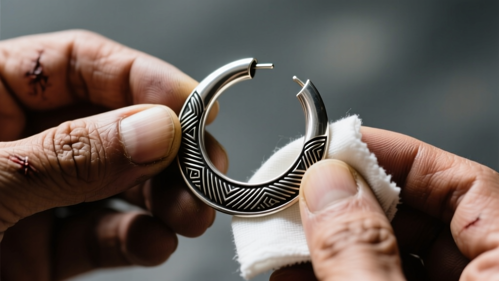 Close up of hands polishing a silver tribal hoop earring with a soft cloth, preserving the dark oxidized engraved details.