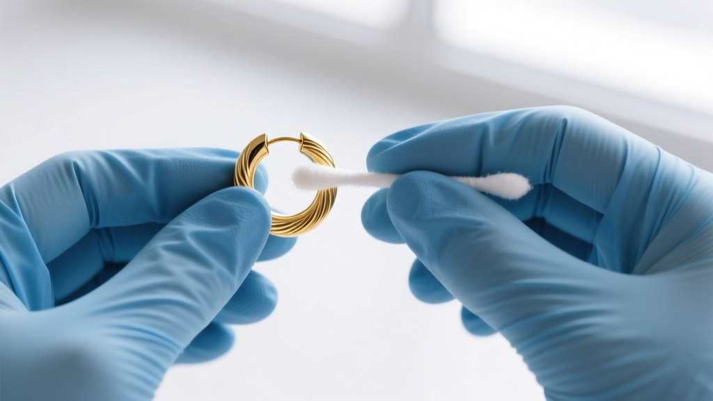 Hands in blue nitrile gloves gently cleaning a delicate 14k gold huggie hoop using a cotton swab and sterile saline.